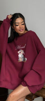 Kadın Oversize Sweatshirt Elbise Blessed Bunny Baskılı Bordo – Bisiklet Yaka, 3 İplik Şardonlu Polar