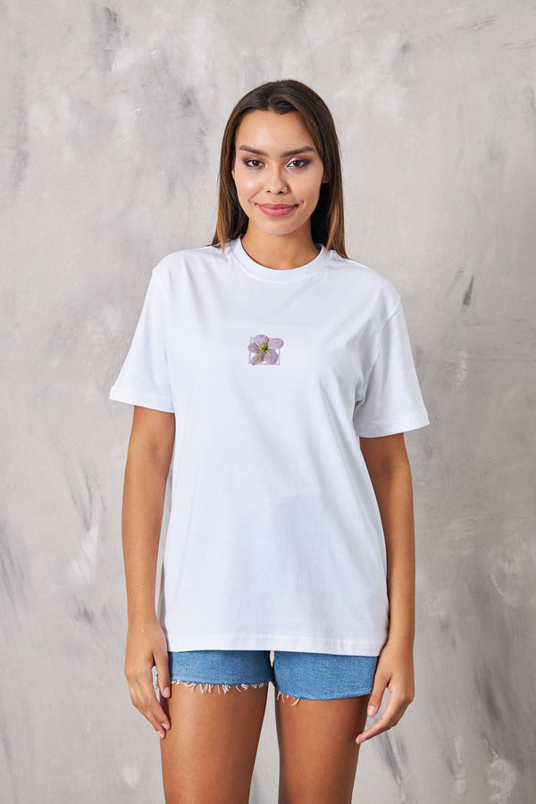 The Champ Çiçek Temalı Tasarım Baskılı Oversize Beyaz Kadın T-Shirt