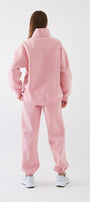 Unisex Oversize Sweatshirt Basic Pembe – Yarım Fermuar Dik Yaka, 3 İplik Şardonlu Polar