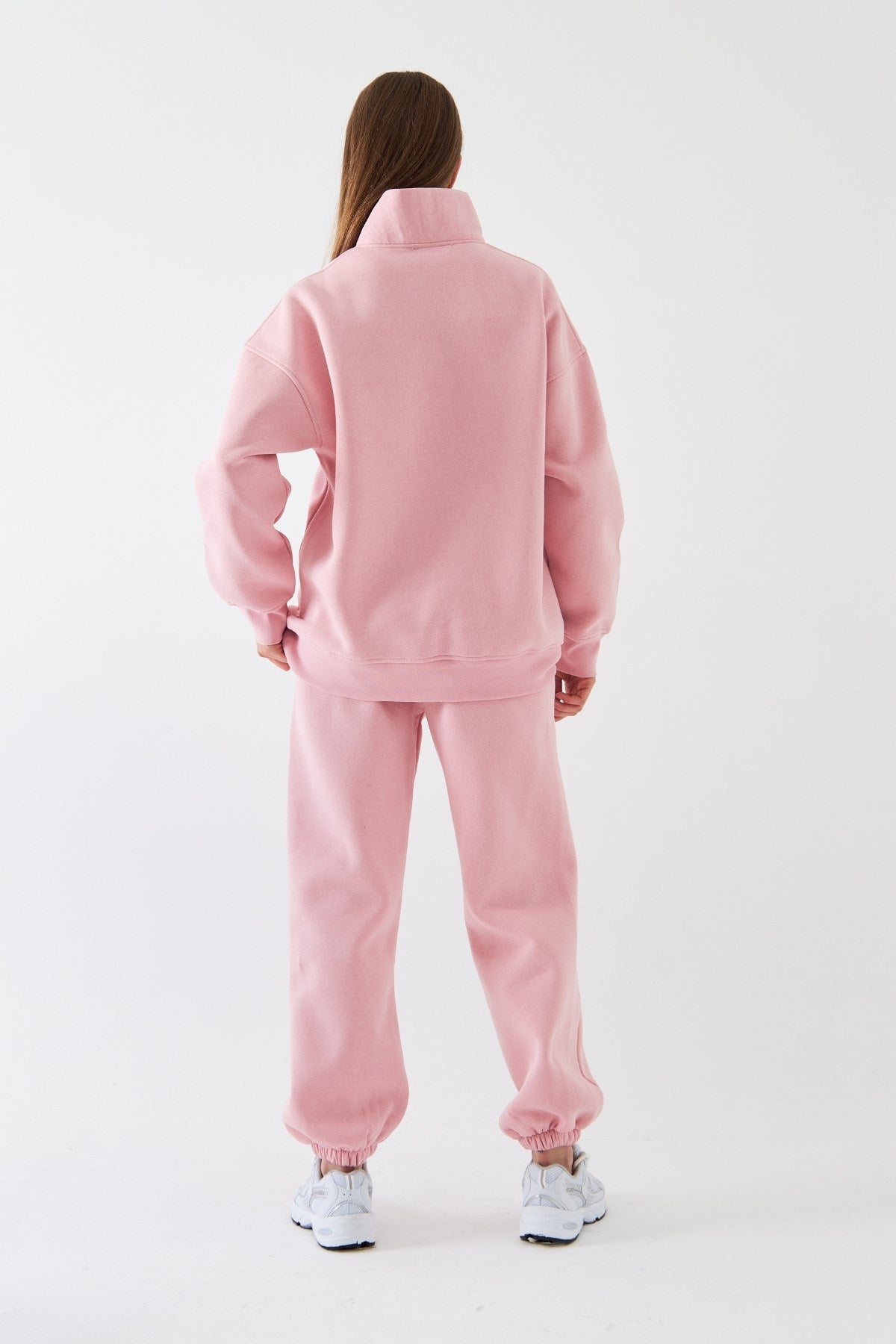 Unisex Oversize Sweatshirt Basic Pembe – Yarım Fermuar Dik Yaka, 3 İplik Şardonlu Polar