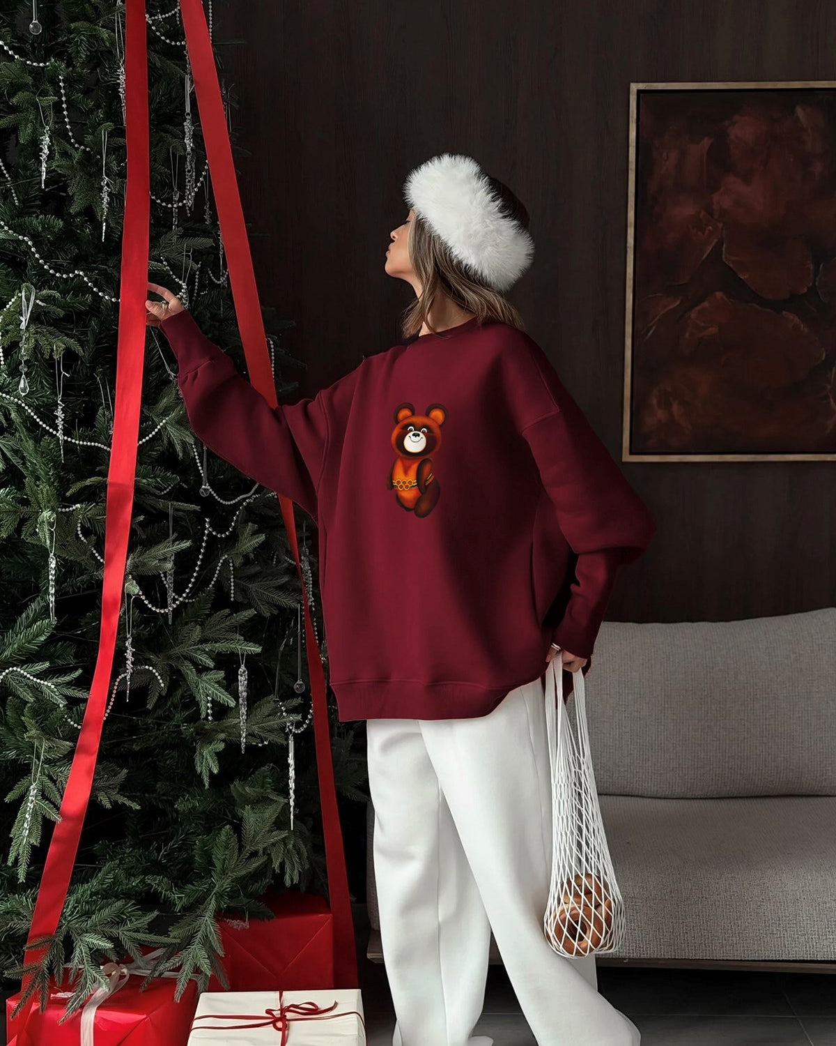 Kadın Oversize Sweatshirt Elbise Misha Mood Baskılı Bordo – Bisiklet Yaka, 3 İplik Şardonlu Polar
