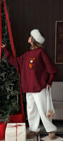 Kadın Oversize Sweatshirt Elbise Misha Mood Baskılı Bordo – Bisiklet Yaka, 3 İplik Şardonlu Polar