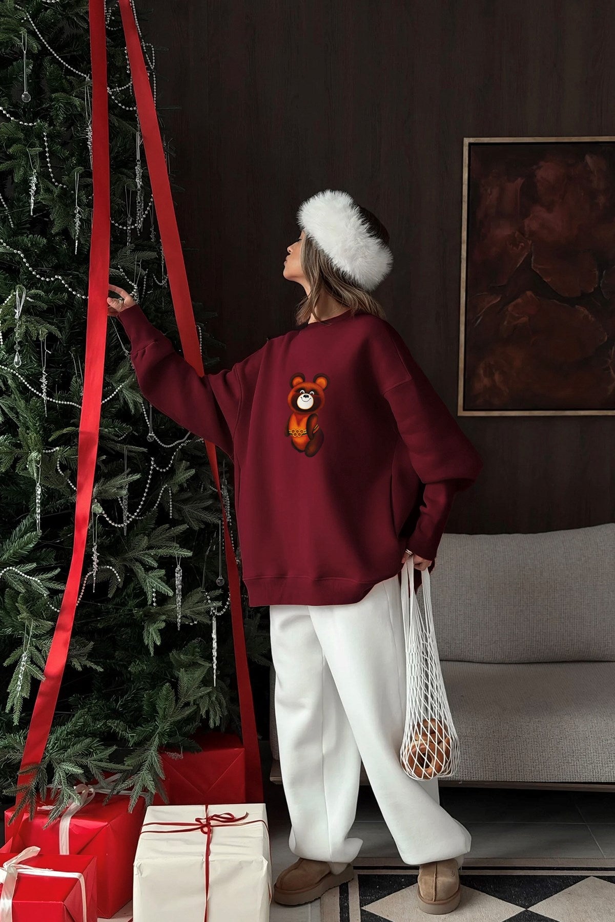 Kadın Oversize Sweatshirt Elbise Misha Mood Baskılı Bordo – Bisiklet Yaka, 3 İplik Şardonlu Polar