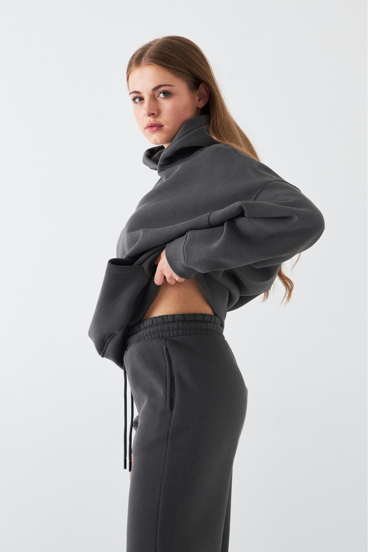  Oversize Unisex Sweatshirt Hoodie Füme – Kapüşonlu, 3 İplik Şardonlu Polar, Kanguru Cepli, Basic