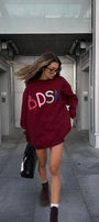 Kadın Oversize Sweatshirt Elbise Color Pop Baskılı Bordo – Bisiklet Yaka, 3 İplik Şardonlu Polar