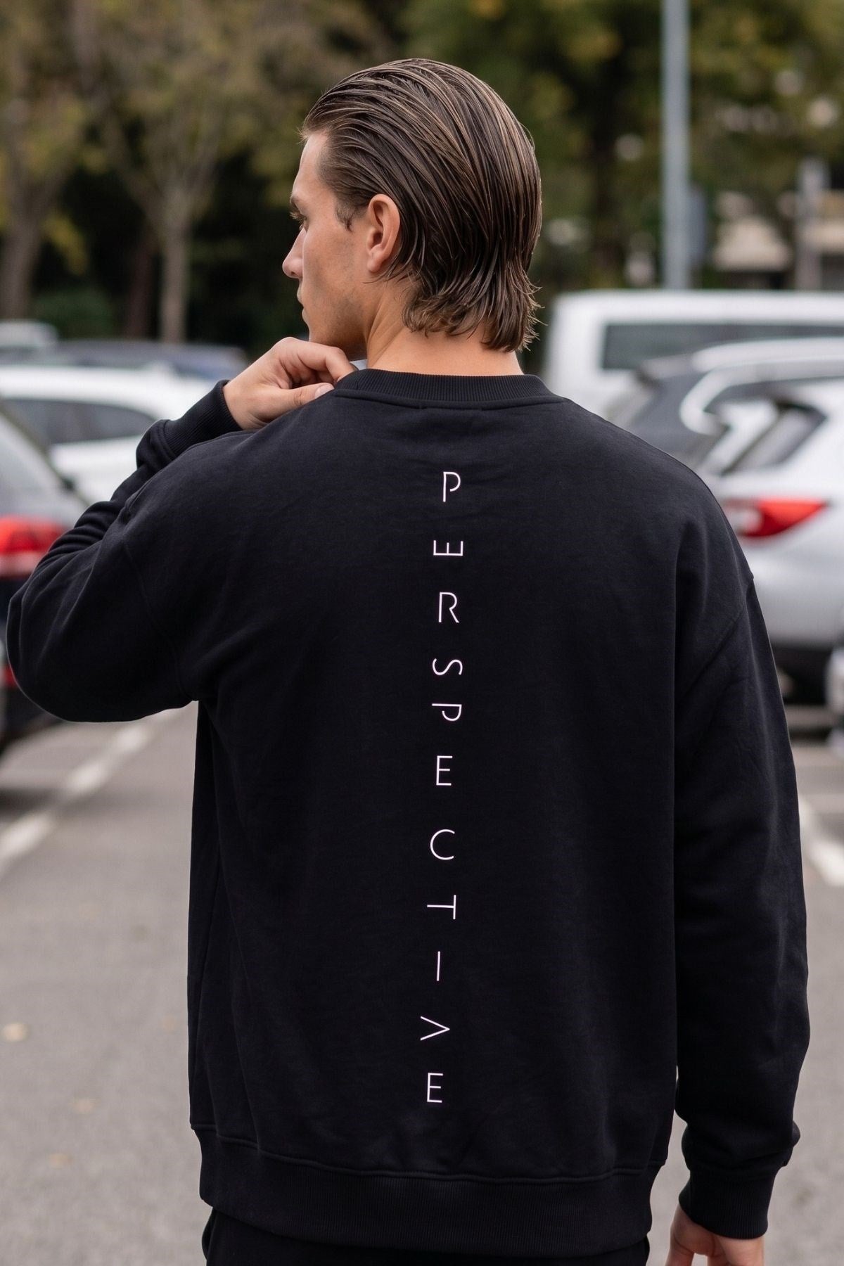 Erkek Oversize Sweatshirt Perspectiv Baskılı Siyah – Bisiklet Yaka, 3 İplik Şardonlu Polar