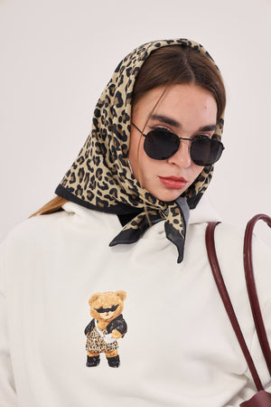 Kapüşonlu İçi Polar Teddy Bear Leopar Baskılı Beyaz Unisex Hoodie Sweatshirt