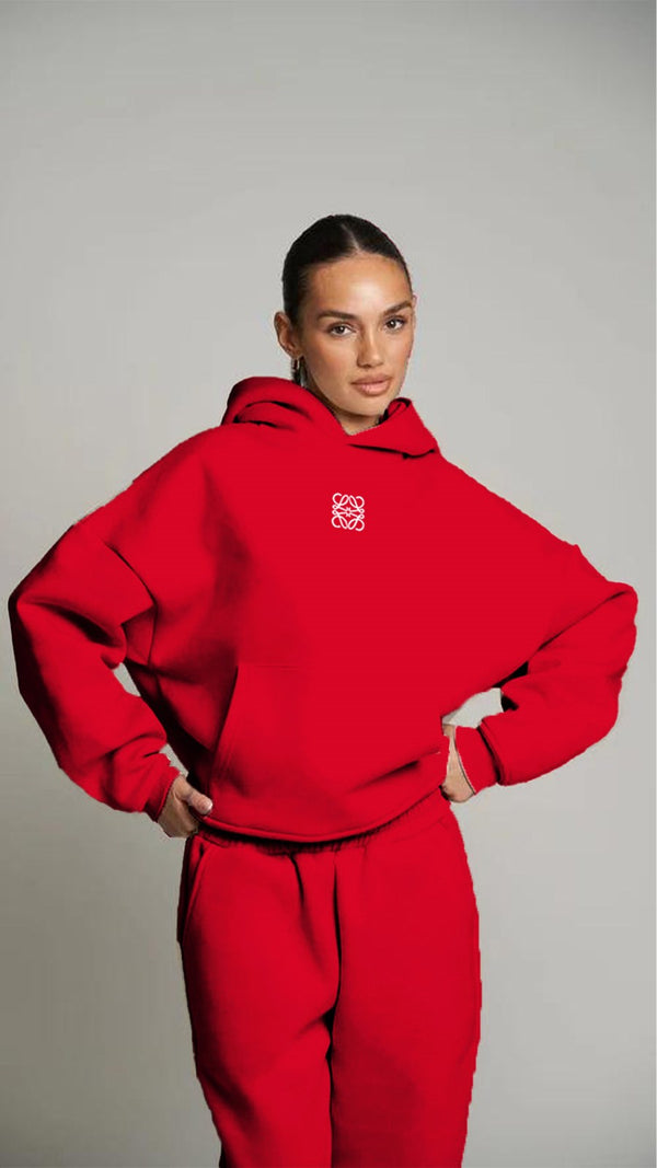 Kırmızı Unisex Loewe Yüksek Baskılı Kapüşonlu Kanguru Cepli Oversize Hoodie