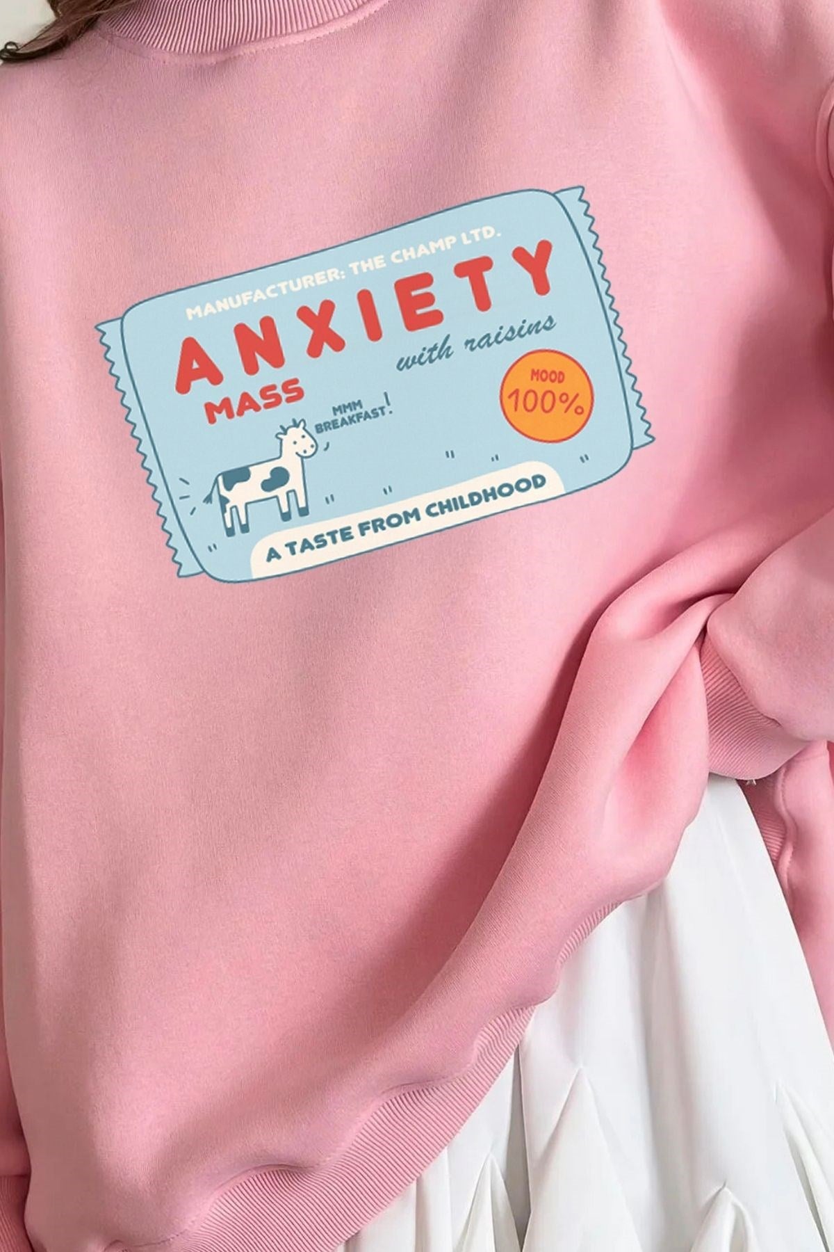 Kadın Oversize Sweatshirt Elbise Anxiety Bar Baskılı Pembe – Bisiklet Yaka, 3 İplik Şardonlu Polar