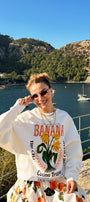 Kadın Oversize Sweatshirt Banana Tropical Baskılı Beyaz – Bisiklet Yaka, 3 İplik Şardonlu Polar