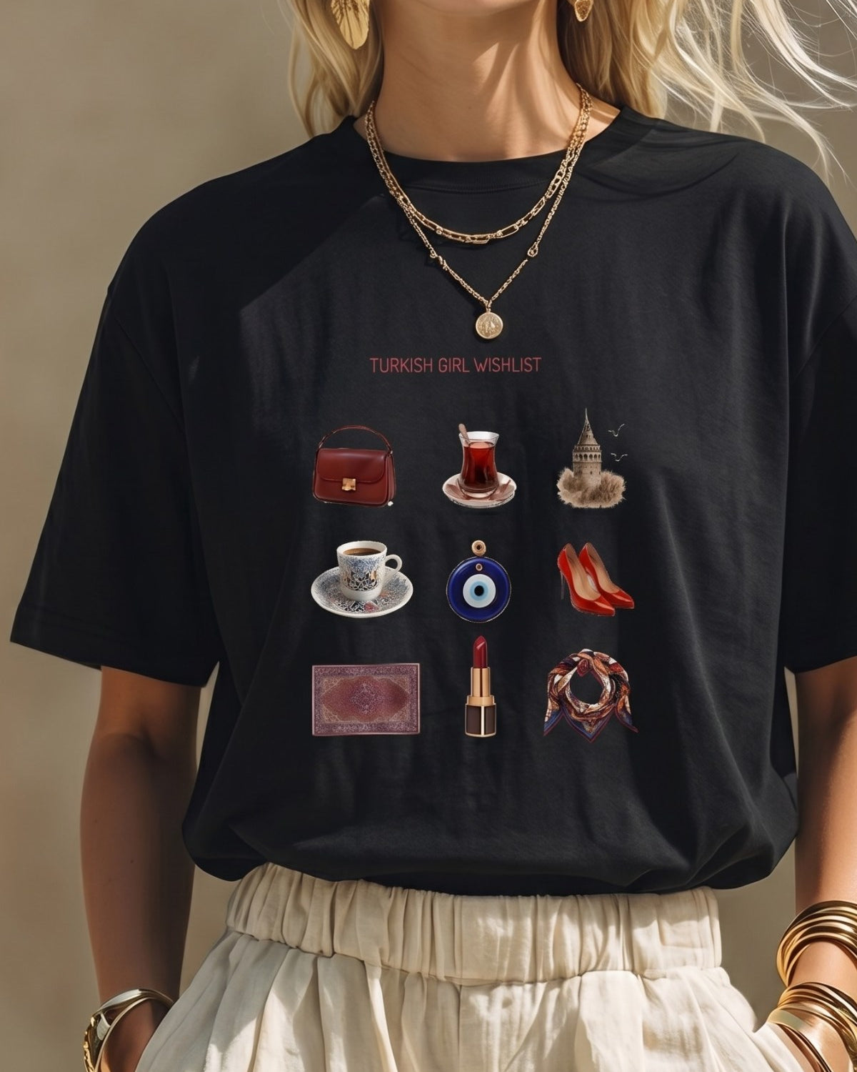 Kadın Oversize Tişört Turkish Girl Wishlist Baskılı Siyah – Bisiklet Yaka, Rahat Kalıp, %100 Pamuk