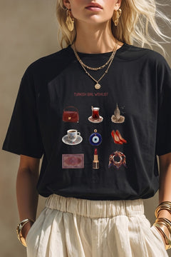 Kadın Oversize Tişört Turkish Girl Wishlist Baskılı Siyah – Bisiklet Yaka, Rahat Kalıp, %100 Pamuk