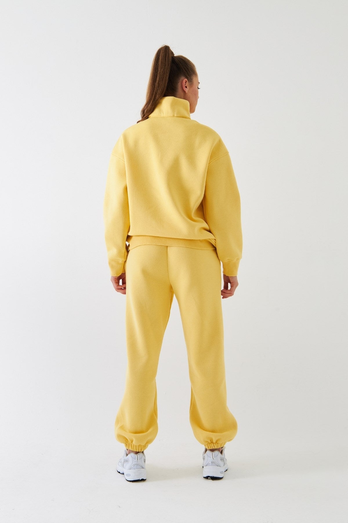 Unisex Oversize Sweatshirt Basic Sarı – Yarım Fermuar Dik Yaka, 3 İplik Şardonlu Polar