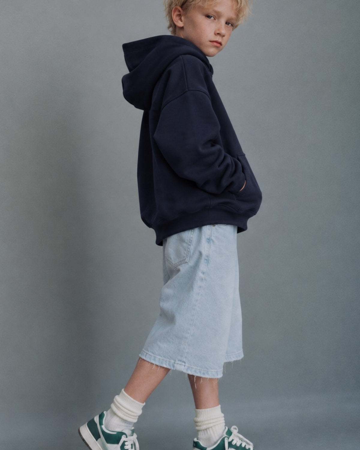 Erkek Çocuk Oversize Basic Hoodie Sweatshirt Lacivert – Kapüşonlu, Kanguru Cepli, 3 İplik Polar