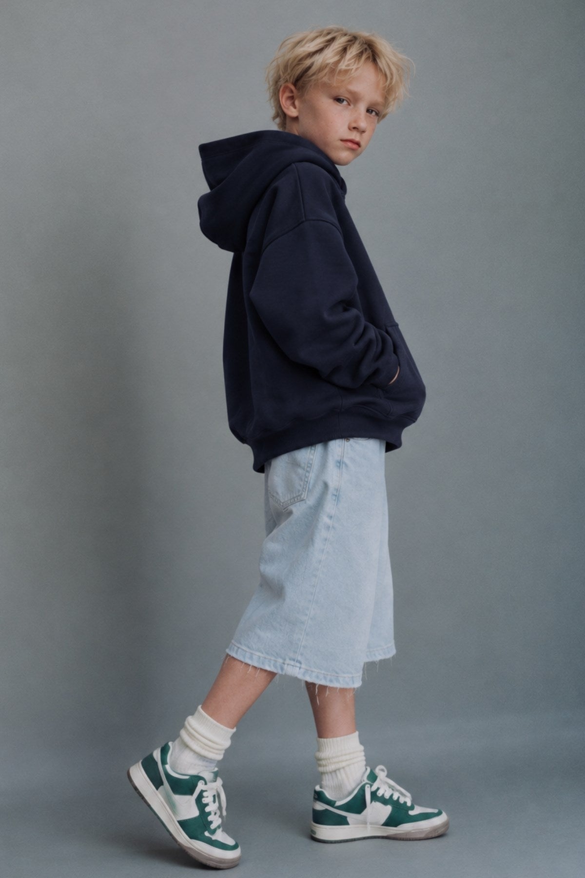 Erkek Çocuk Oversize Basic Hoodie Sweatshirt Lacivert – Kapüşonlu, Kanguru Cepli, 3 İplik Polar