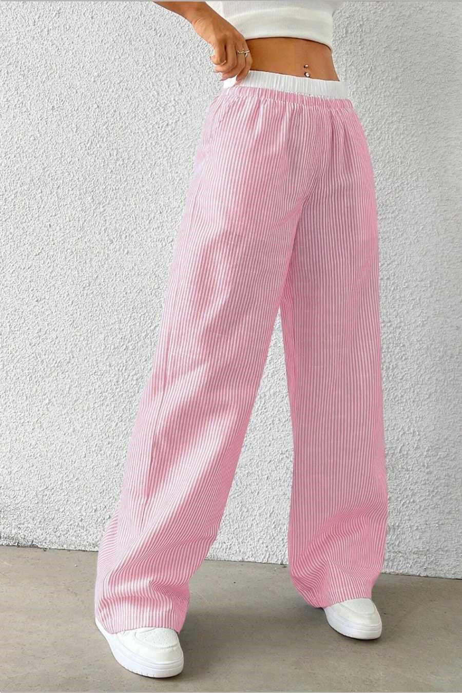 Kadın Pembe Çizgili Poplin Dokuma Pantolon – Yüksek Bel Lastikli Bol Paça Rahat Model