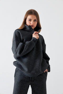 Unisex Oversize Eşofman Takımı Basic Füme Melanj – Fermuarlı Dik Yaka, Lastikli Paça, 3 İplik Polar