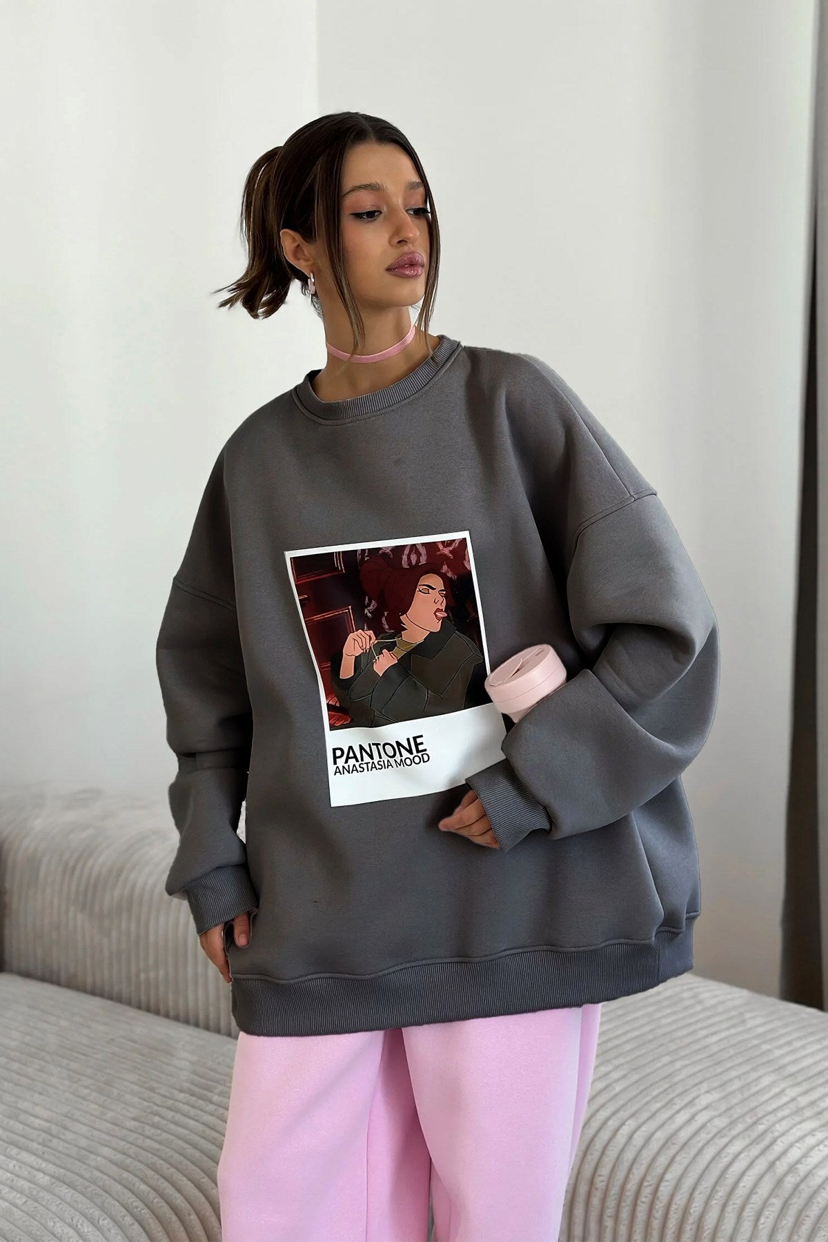 Kadın Oversize Sweat  – 3 İplik Şardonlu Polar, Bisiklet Yaka, Pantone – Prenses Baskılı