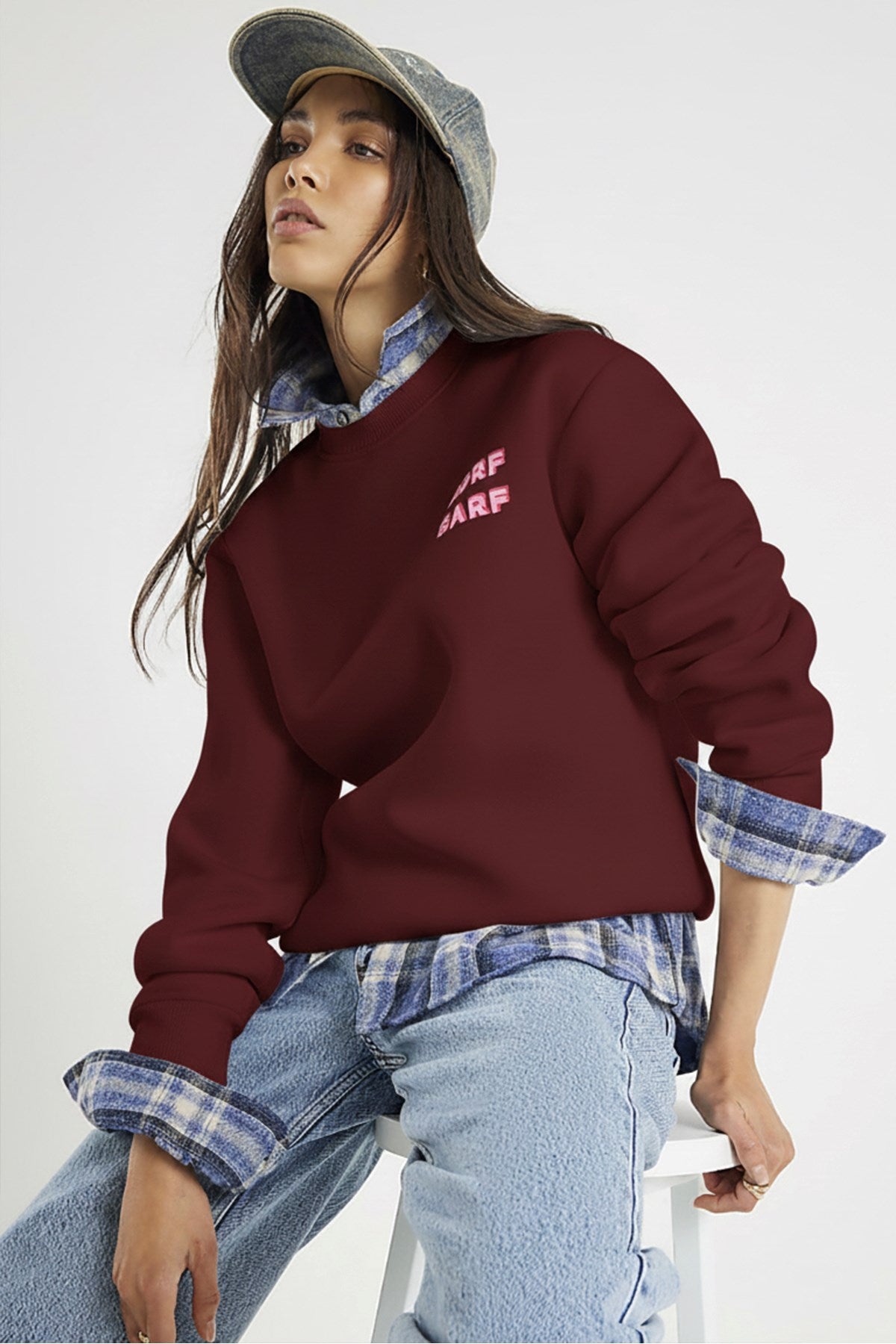 Unisex Oversize Sweatshirt Norf Sarf Harita Baskılı Bordo – Bisiklet Yaka, 3 İplik Şardonlu Polar