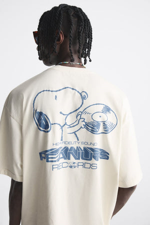 Bisiklet Yaka Peanuts Records Baskılı Oversize Beyaz Erkek T-shirt