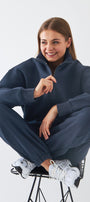 Unisex Oversize Eşofman Takımı Basic Marine – Fermuarlı Dik Yaka, Lastikli Paça, 3 İplik Polar