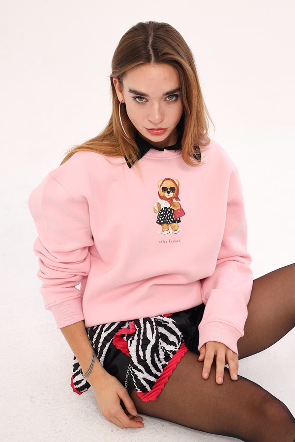 Pembe Bisiklet Yaka Puantiyeli Ayıcık Baskılı Oversize Unisex Sweatshirt