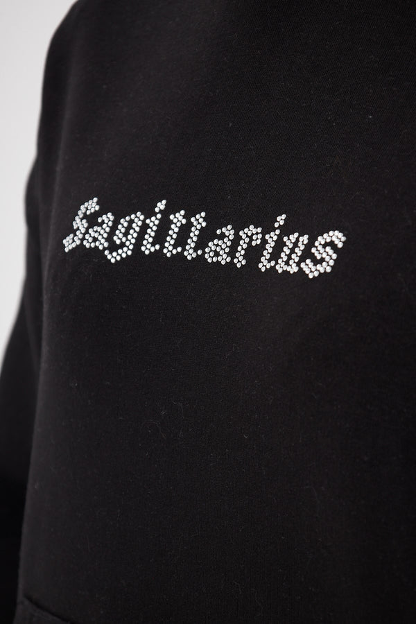 Kapüşonlu İçi Polar Sagittarius Yazılı Taş Baskılı Siyah Oversize Hoodie Sweatshirt