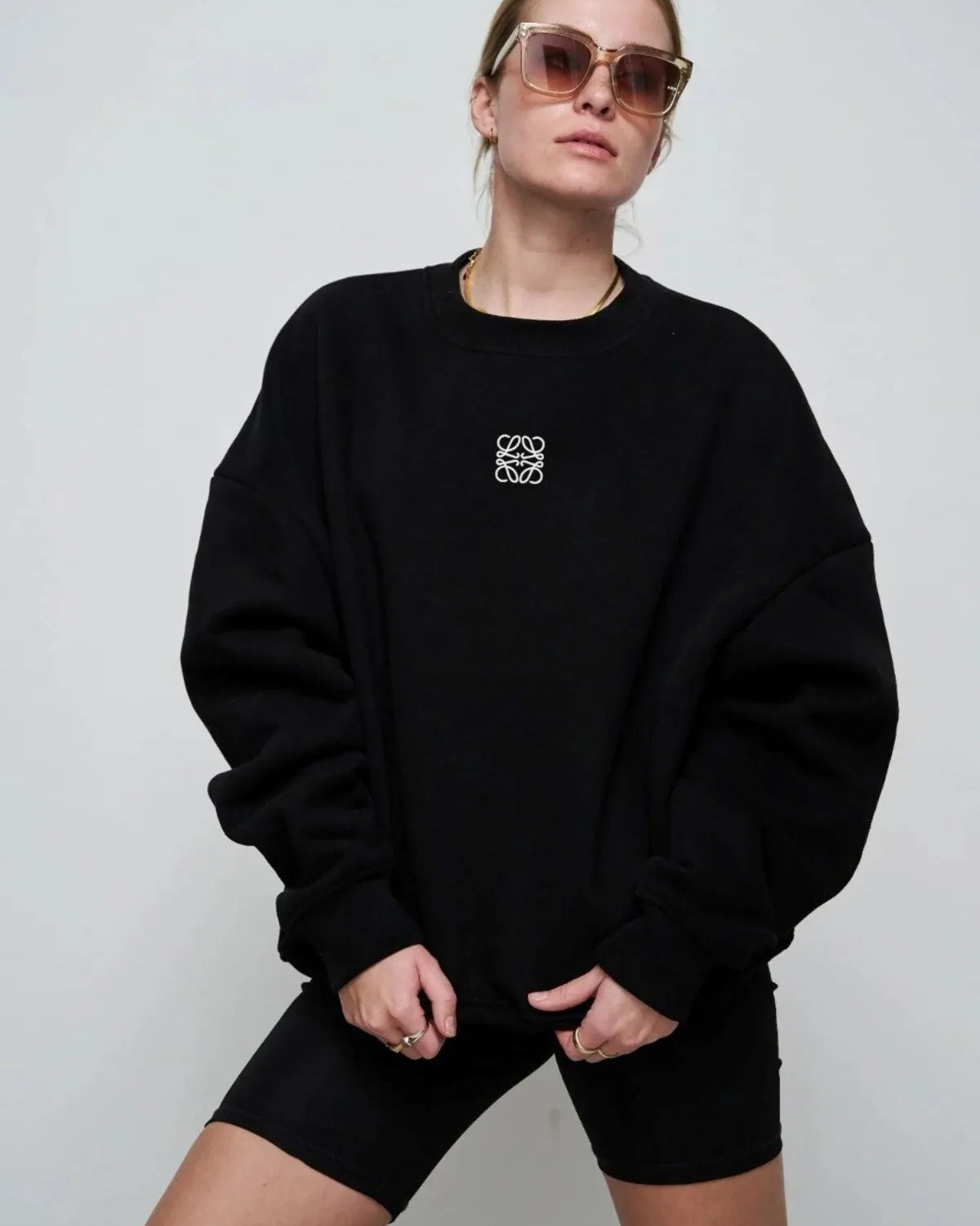 Siyah Unisex Loewe Yüksek Baskı Bisiklet Yaka Oversize Sweatshirt