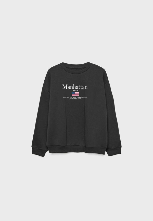 Bisiklet Yaka İçi Polar Manhattan 1984 Yazı Baskılı Siyah Oversize Sweatshirt