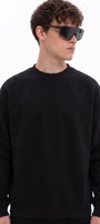 Erkek Oversize Sweatshirt Heron Line Baskılı Siyah – Bisiklet Yaka, 3 İplik Şardonlu Polar