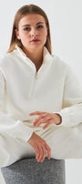 Unisex Oversize Sweatshirt Basic Beyaz – Yarım Fermuar Dik Yaka, 3 İplik Şardonlu Polar