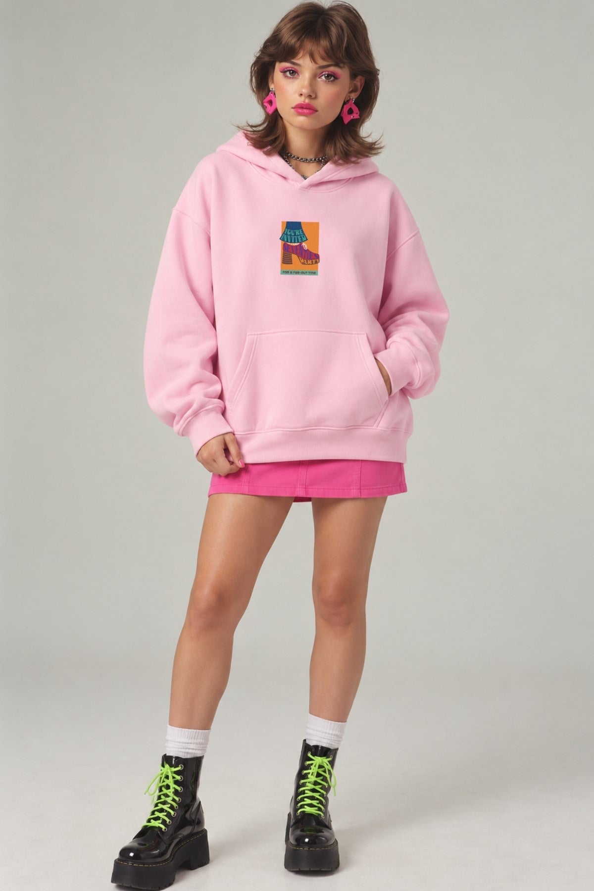 Kadın Oversize Hoodie 90’s Vibe Baskılı Pembe - Kapüşonlu, Kanguru Cepli, 3 İplik Polar