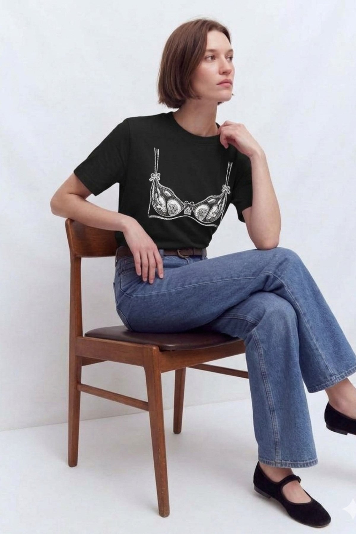 Kadın Double Oversize Lingerie Sketch Blue Baskılı Siyah – Bisiklet Yaka, Rahat Kalıp, %100 Pamuk