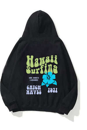 Kapüşonlu İçi Polar Hawaii Baskılı Siyah Unisex Oversize Hoodie Sweatshirt