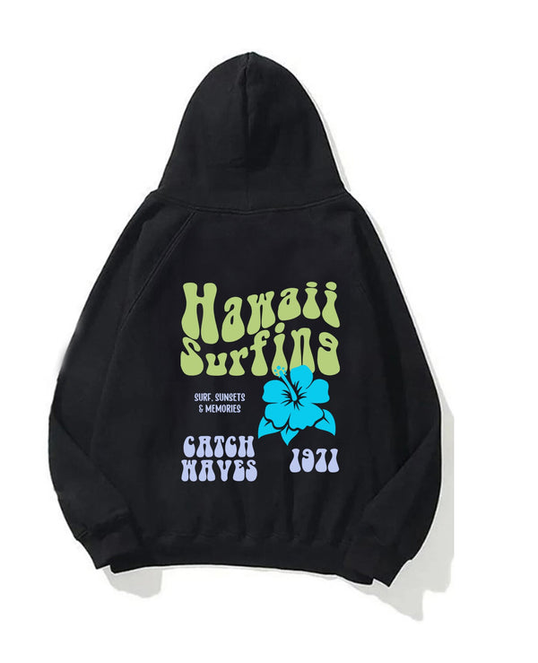 Kapüşonlu İçi Polar Hawaii Baskılı Siyah Unisex Oversize Hoodie Sweatshirt