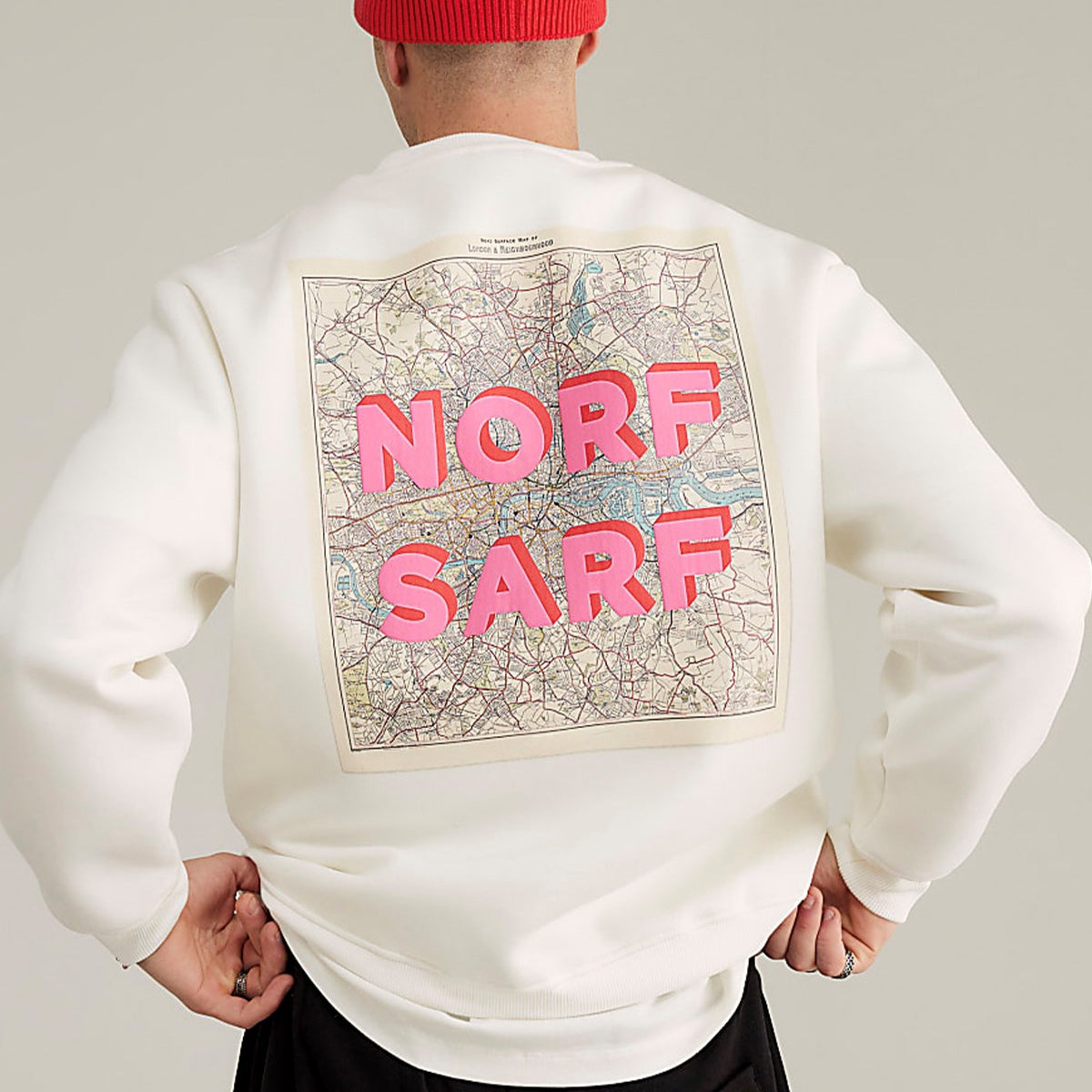 Unisex Oversize Sweatshirt Norf Sarf Harita Baskılı Beyaz – Bisiklet Yaka, 3 İplik Şardonlu Polar