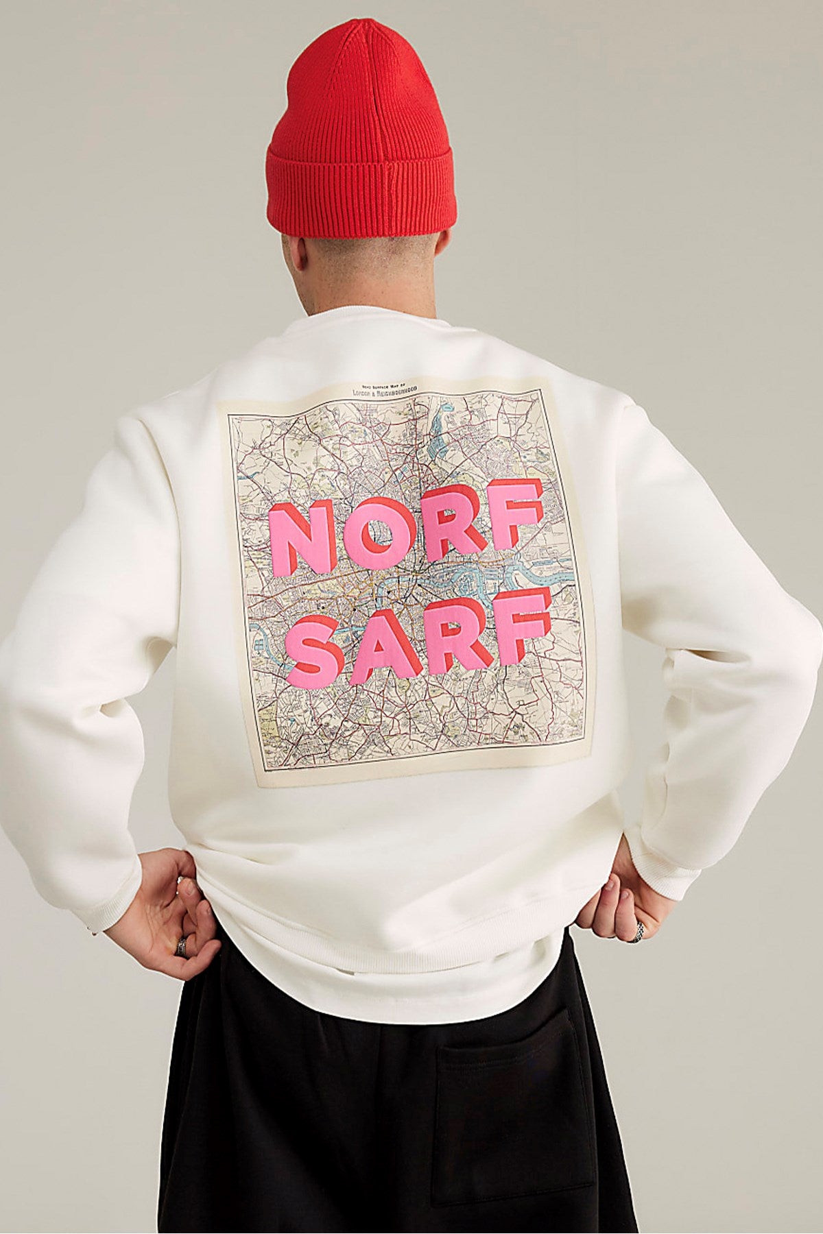 Unisex Oversize Sweatshirt Norf Sarf Harita Baskılı Beyaz – Bisiklet Yaka, 3 İplik Şardonlu Polar