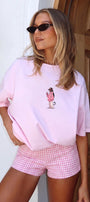 Kadın Oversize Tişört Pink Kitty Club Baskılı Pembe – Bisiklet Yaka, Rahat Kalıp, %100 Pamuk
