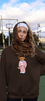 Kadın Oversize Sweatshirt Pink Suit Bear Baskılı Kahverengi – Bisiklet Yaka, 3 İplik Şardonlu Polar