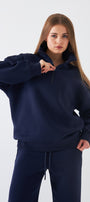 Unisex Oversize Sweatshirt Basic Lacivert – Yarım Fermuar Dik Yaka, 3 İplik Şardonlu Polar