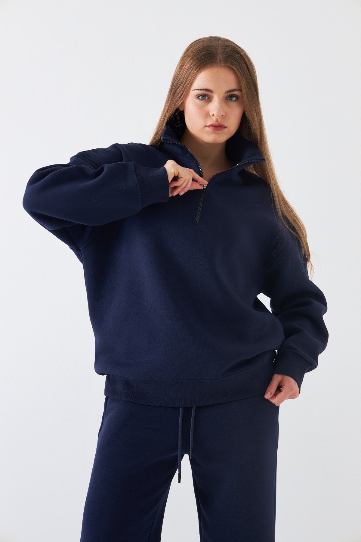Unisex Oversize Sweatshirt Basic Lacivert – Yarım Fermuar Dik Yaka, 3 İplik Şardonlu Polar