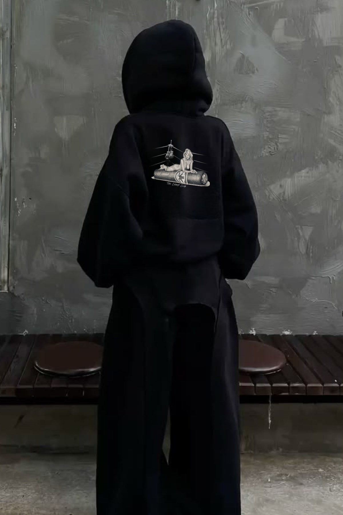 Kadın Oversize Sweatshirt Hoodie Ring Spirit Black Siyah – Kapüşonlu, 3 İplik Polar, Kanguru Cepli