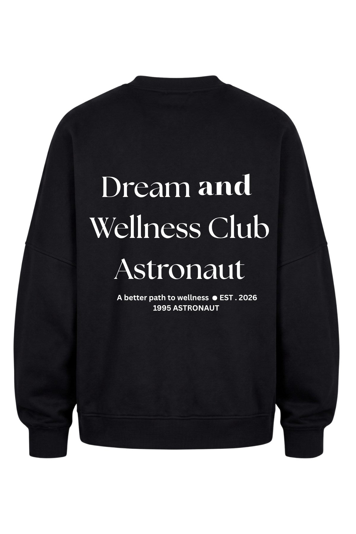 Kadın Oversize Sweatshirt Wellness Baskılı Siyah – Bisiklet Yaka, 3 İplik Şardonlu Polar, Düşük Omuz