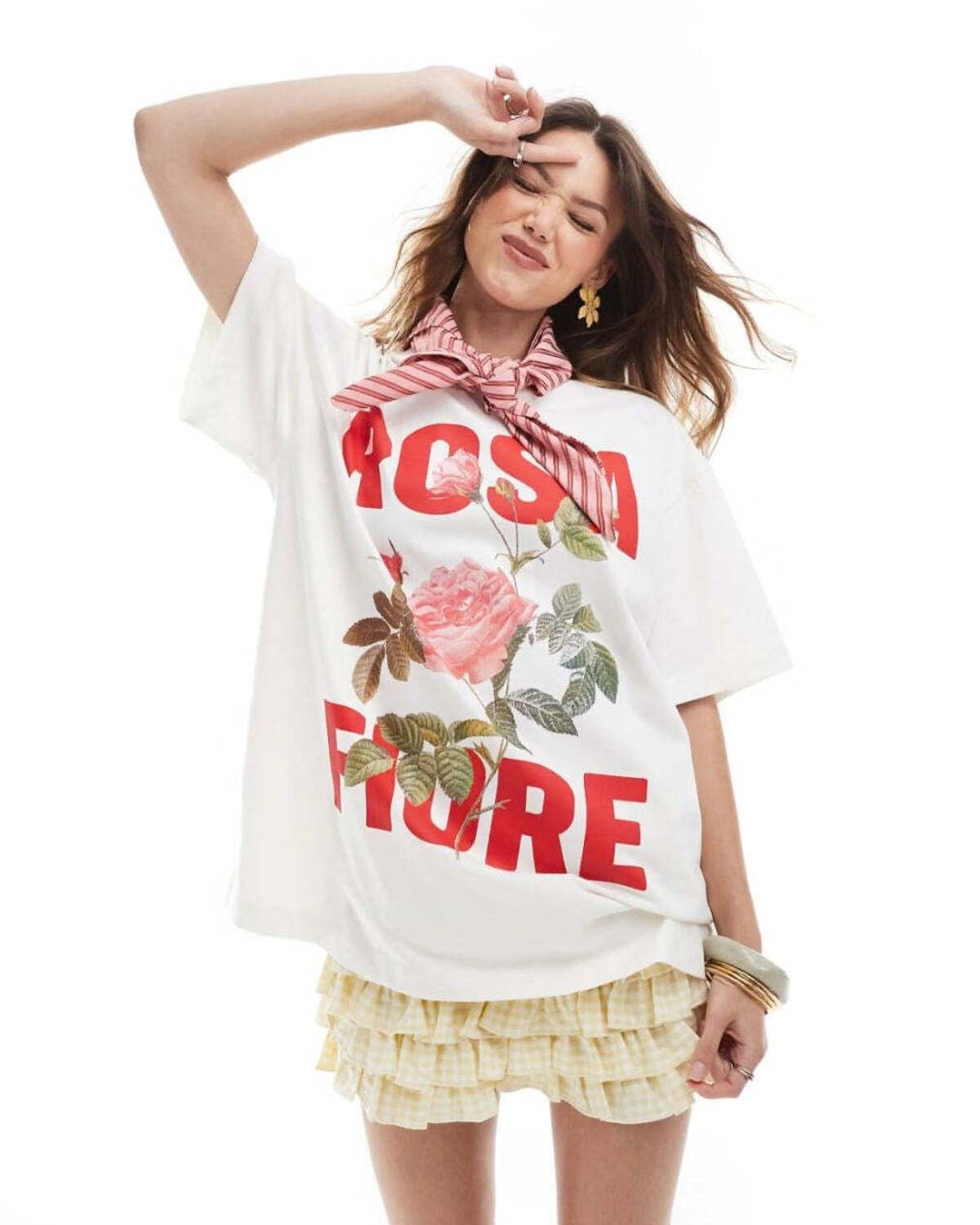 Rosa Fiore Gül Baskılı Kadın Oversize Tişört + Bez Çanta Hediyeli Kombin – %100 Pamuk