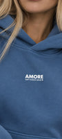 Kadın Oversize Hoodie Amore Baskılı Marine – Kapüşonlu, Kanguru Cepli, 3 İplik Şardonlu Polar