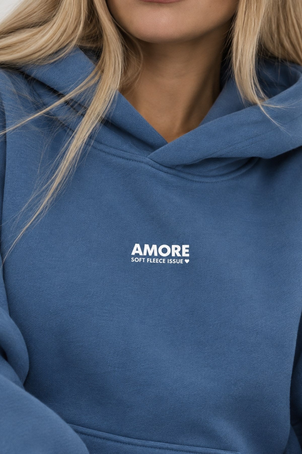 Kadın Oversize Hoodie Amore Baskılı Marine – Kapüşonlu, Kanguru Cepli, 3 İplik Şardonlu Polar