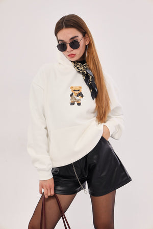 Kapüşonlu İçi Polar Teddy Bear Leopar Baskılı Beyaz Unisex Hoodie Sweatshirt