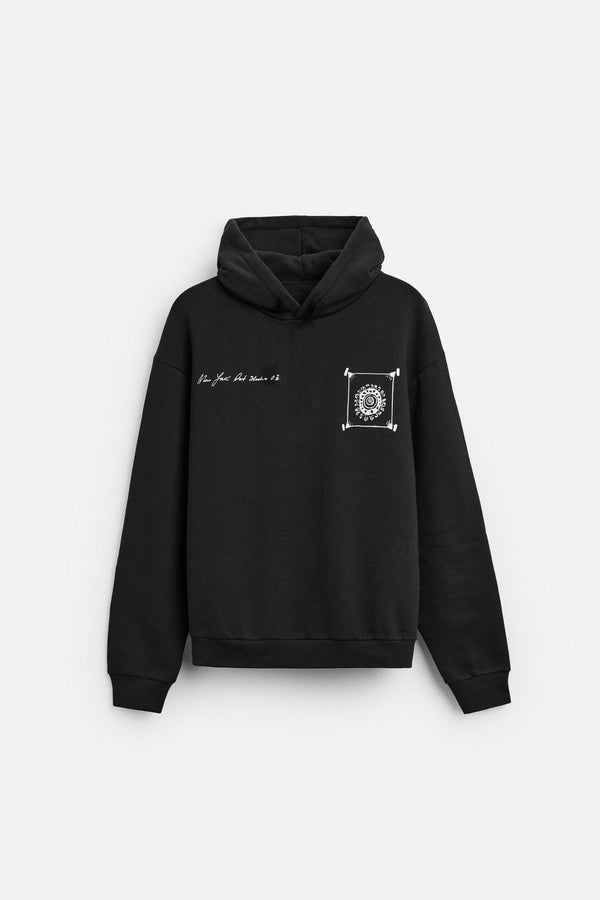 Siyah New Your Art Baskılı Kapüşonlu Oversize Hoodie