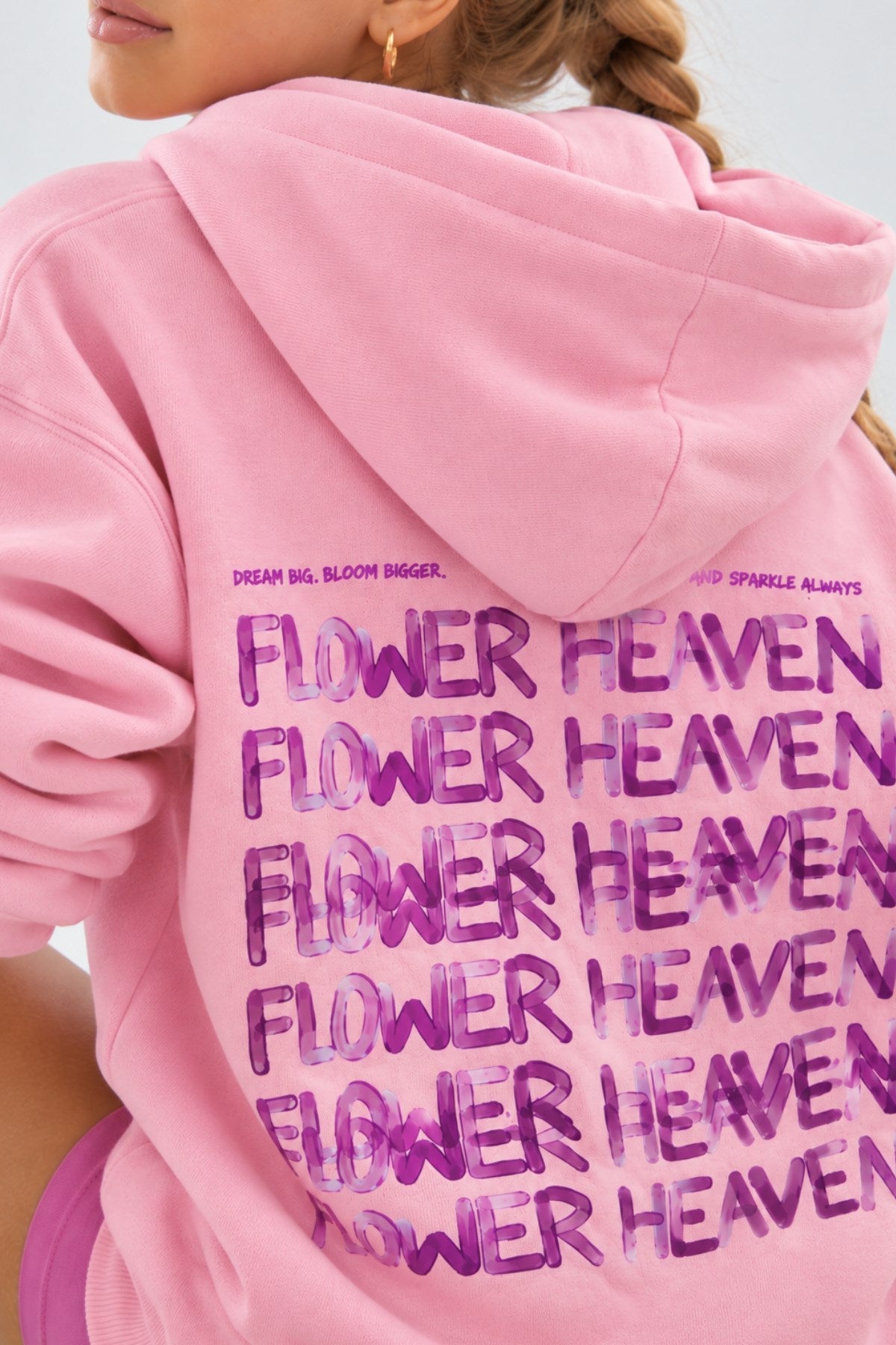 Kız Çocuk Oversize Hoodie Sweatshirt Flower Heaven Baskılı Pembe – Kapüşonlu, Cepli, 3 İplik Polar  