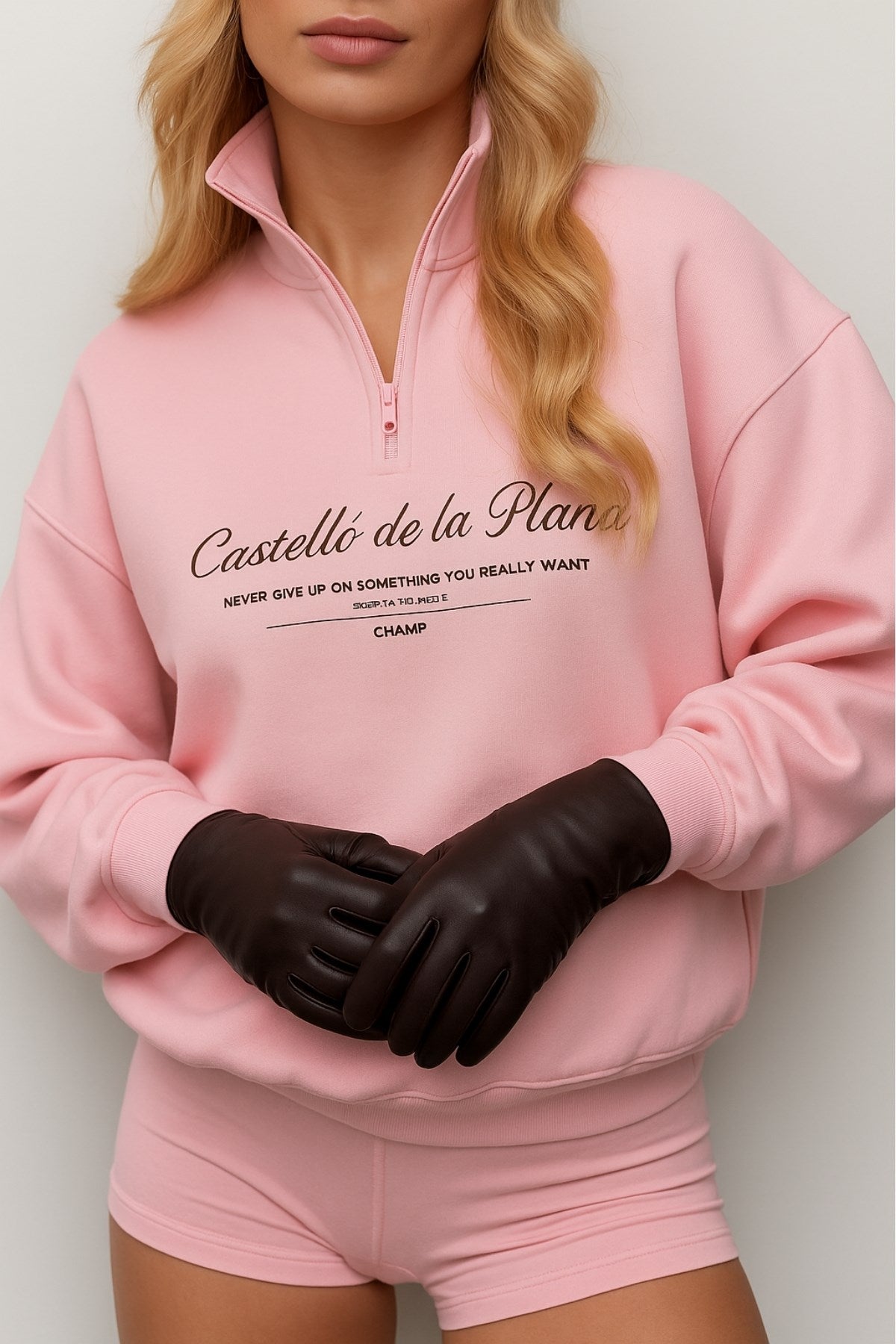 Kadın Pembe Castelló de la Plana Baskılı Fermuarlı Oversize Sweatshirt – Yarım Balıkçı Yaka, Rahat Günlük Spor Üst